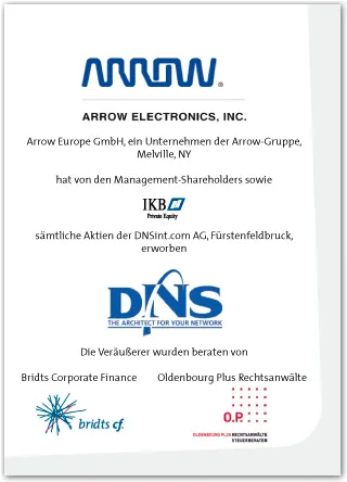 Tombstone: Arrow Electronics erwirbt die DNSint.com AG, beraten von Bridts Corporate Finance