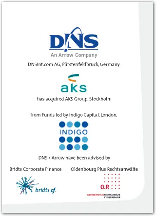 Tombstone: DNSint.com AG übernimmt die AKS Group von Indigo Capital, beraten von Bridts Corporate Finance