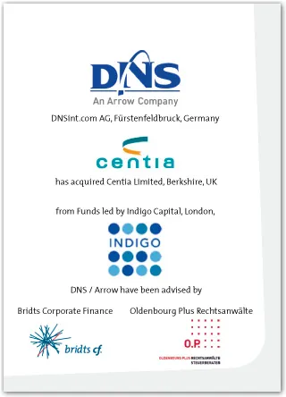 Tombstone: DNSint.com AG übernimmt Centia Limited, Berkshire (UK), beraten von Bridts Corporate Finance