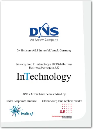 Tombstone: DNSint.com AG übernimmt das UK-Distributionsgeschäft von InTechnology, beraten von Bridts Corporate Finance