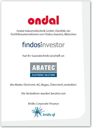 Tombstone: Ondal (Findos Investor) veräußert das Saunatechnik-Geschäft an Abatec, Veräußerer beraten von Bridts Corporate Finance